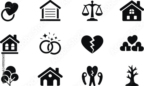 Collection Of Black Icons Representing Home Marriage And Relationships vector