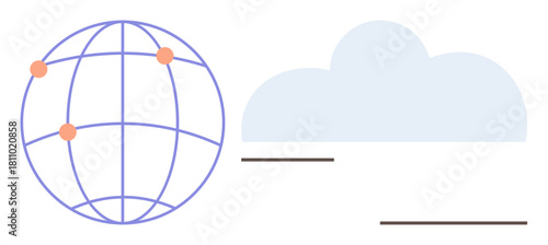 Globe with connected points signifying networking and blue cloud representing data storage. Ideal for technology, connectivity, networking, cloud computing, global reach, communication