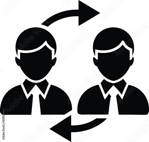 Two people exchanging with arrows, representing communication or transfer