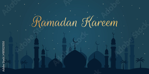 Ramadan Kareem - Islamic vector background with night sky and mosque silhouette for holiday greeting cards, social media banners, web headers, print templates