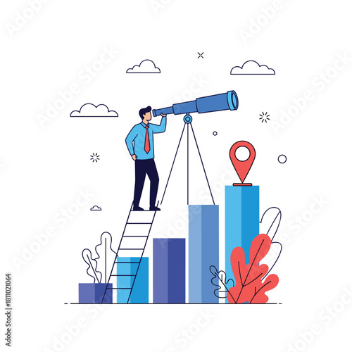 Businessman on a ladder uses a telescope to look at a location pin on a bar chart representing future goals and vision.