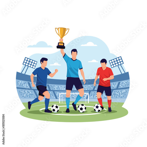 Victorious soccer player lifts a gold trophy celebrating a championship win with his teammates on the field in a stadium.