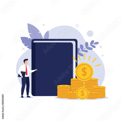 Businessman presents a large book next to stacks of gold coins representing financial education investment knowledge or a valuable report.