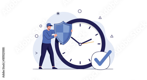 Man holding a shield in front of a large clock represents time management protection from deadlines and long-term security.