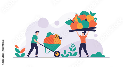 Man pushing a wheelbarrow and a woman carrying a tray both filled with fresh fruit representing a bountiful harvest and healthy eating.