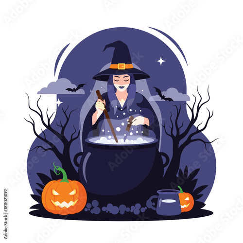 Beautiful young witch in a pointy hat stirs a bubbling magic potion in her cauldron on a spooky Halloween night.