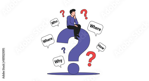 Confused man sits on a giant question mark thinking and asking questions like who why where and how seeking answers and solutions.