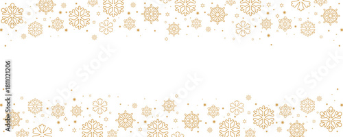 Horizontal Christmas and winter banner template featuring borders of scattered golden snowflakes and small stars on the top and bottom of a central white background.