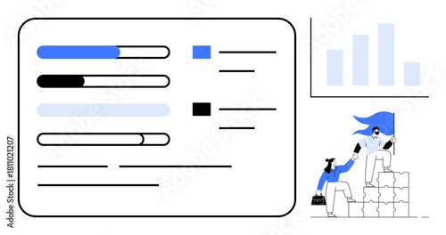 Data bars and chart represent progress tracking. Teamwork illustration highlights supportive collaboration and leadership dynamics. Ideal for business, analytics, project planning, strategy