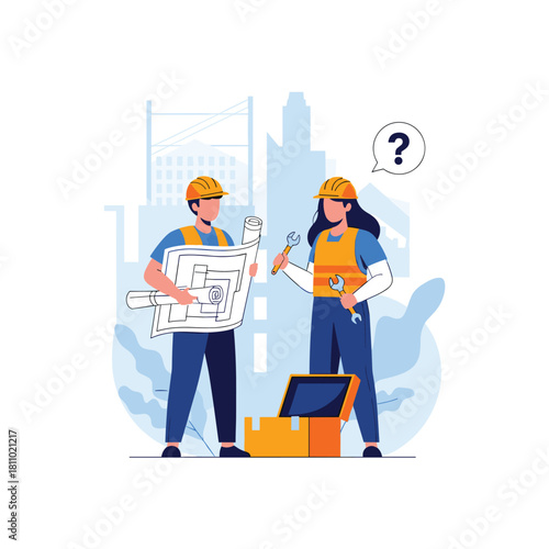 Male and female construction engineers on a city job site discuss a problem with one holding blueprints and the other tools.