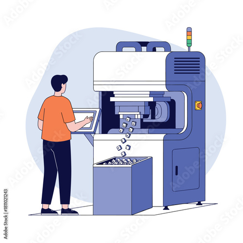 Factory worker operates a large industrial machine for mass production in a modern manufacturing plant environment.