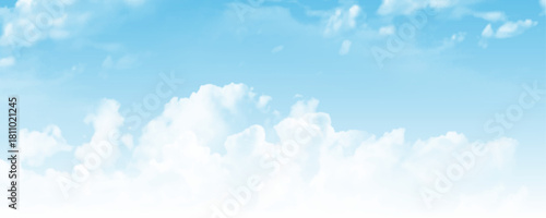 Panoramic view of clear blue sky with wispy clouds over calm sea horizon, natural atmosphere ideal for background.