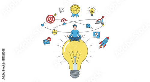 Man meditates in a lotus position on top of a giant light bulb surrounded by orbiting business and creative icons.