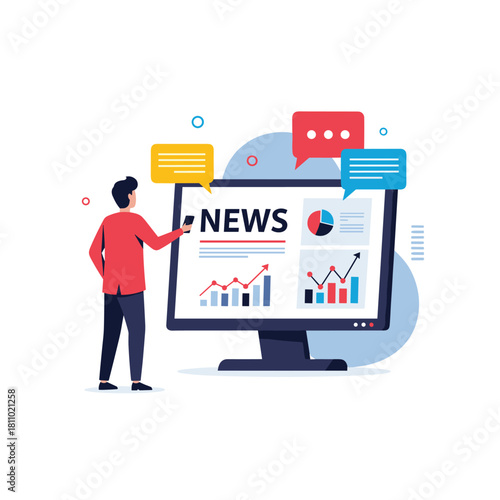 Man stands reading financial news and stock market analysis on a large computer screen with charts and data graphs.