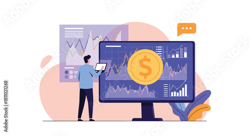 Man analyzes financial data and stock market trends on a large computer screen showing charts graphs and a dollar coin.