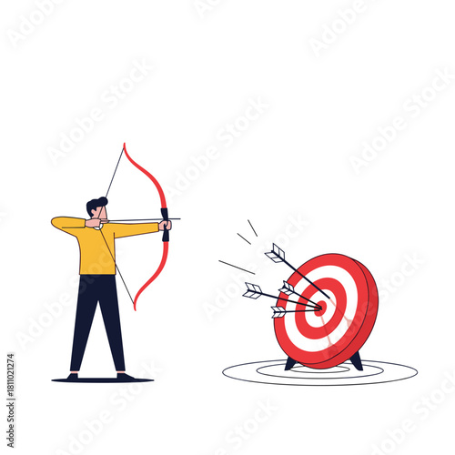 Archer in a yellow shirt aims his bow and arrow and successfully hits the bullseye on a target with multiple other arrows.