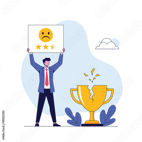 Disappointed businessman holds a one star review sign next to a broken golden trophy representing failure and bad feedback.