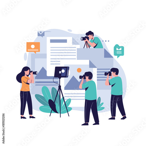 Team of professional photographers and videographers work together on a creative media production project with their equipment.