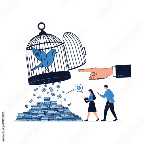 Hand opens a birdcage to release a blue bird which drops money and coins onto a large pile below for two onlookers.