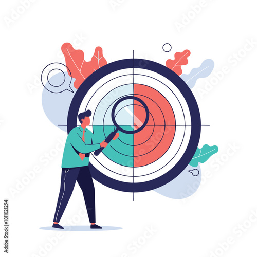 Businessman uses a magnifying glass to closely examine the bullseye of a large target representing market research.