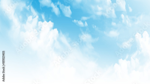 Sky blue background. Landscape white cloud with abstract texture,  nature summer design. Spring blue sky, clouds with light sun for holiday banner.