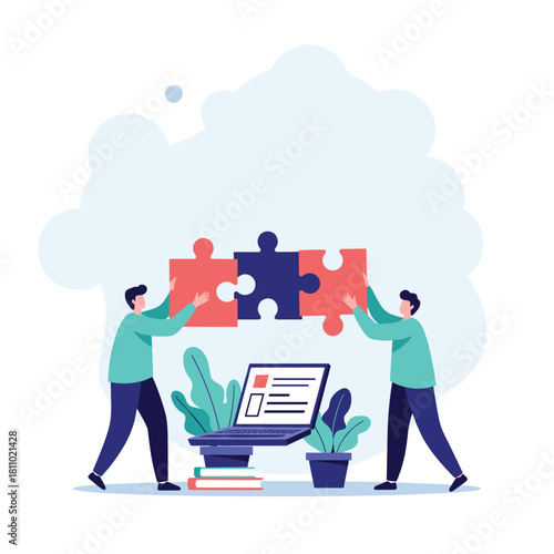 Two men work together to connect three large jigsaw puzzle pieces representing teamwork collaboration and finding a solution.