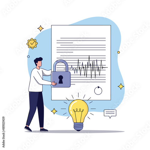 Man places a padlock on a document to protect his intellectual property and secure his valuable creative idea.