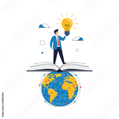 Businessman stands on an open book holding a light bulb above a connected globe representing global ideas and education.