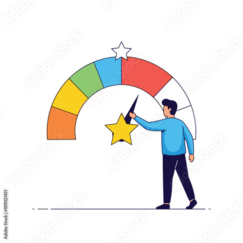 Man adjusts the needle on a colorful customer satisfaction meter to a high rating indicating excellent service and feedback.