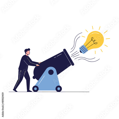 Man fires a giant light bulb out of a cannon representing a powerful new idea launching with force and innovation.