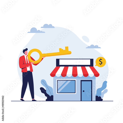 Businessman holds a giant golden key next to a small shop representing the key to success for a small business.