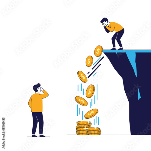 Man cries in despair on a cliff edge as his money falls off while another man below watches representing financial loss.