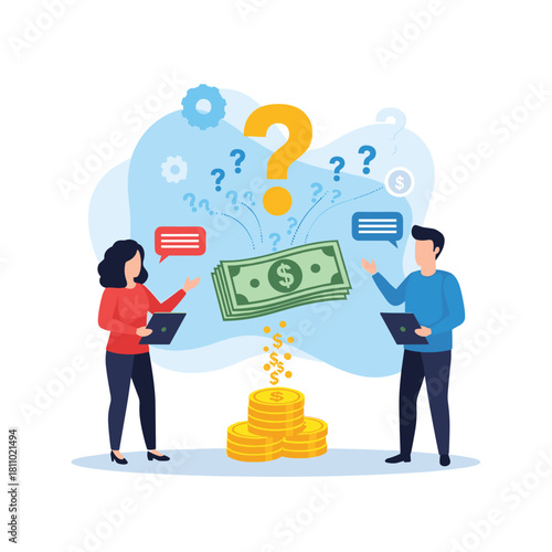 Man and woman discuss financial questions and solutions over a stack of money representing financial planning and advice.