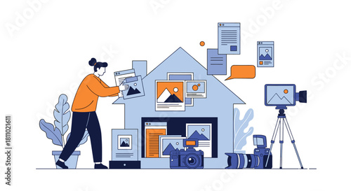 Content creator organizing a digital portfolio of photos and documents inside a house shape representing a home photo studio.