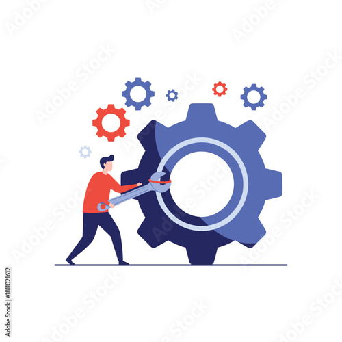 Small man using a large wrench to perform maintenance and adjustments on a giant gear mechanism for system optimization.