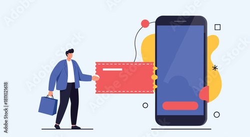 Man with a shopping bag redeeming a digital coupon or event ticket by inserting it into a large modern smartphone screen.