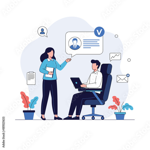 Female HR manager presenting a verified candidate profile to a boss or client for a successful recruitment and hiring process.