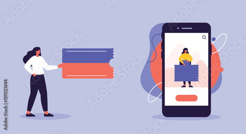 Woman holding physical tickets next to a smartphone showing the transition to convenient online booking and digital e-tickets.