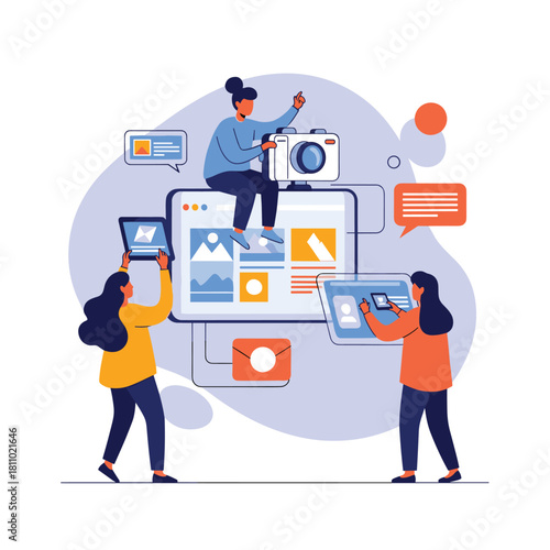 Team of women collaborates on a digital marketing project by creating content for a website or social media application.