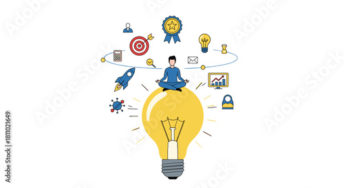 Person meditating on a large lightbulb with business icons orbiting around them symbolizing creativity and brainstorming ideas.