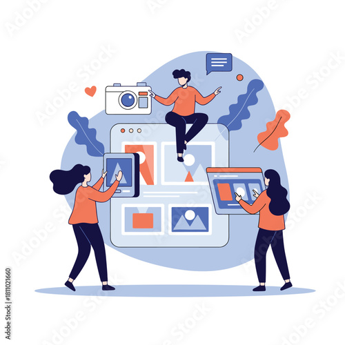 Creative team collaborating on building a website or social media profile by adding photos and content to a large interface.