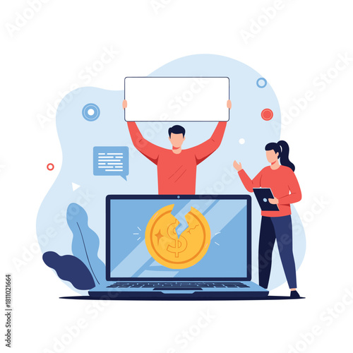 Two people reacting to a broken coin on a laptop screen with the man holding a blank sign to represent financial loss.
