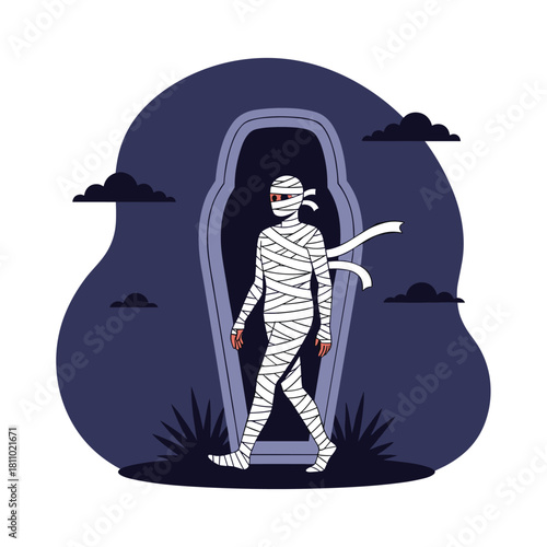 Scary mummy character wrapped in bandages with one red eye walking out of an open coffin on a dark Halloween night.