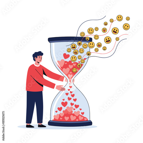 Man holding an hourglass where hearts turn into smiley faces representing how love and time can create happiness and joy.