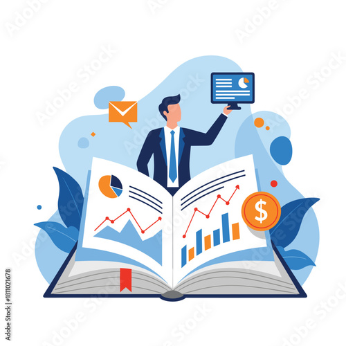 Businessman emerging from a large open book filled with financial charts to represent business knowledge and data analysis.