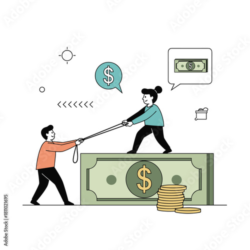 Man and woman in a tug of war over money representing a financial dispute or competition for resources and budget control.