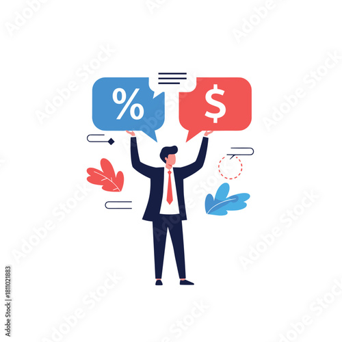 Businessman holding up speech bubbles with percentage and dollar signs representing a discussion of finance and interest rates.