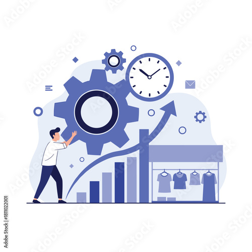 Man managing business productivity and efficiency with a large gear clock and a rising growth chart at a retail store.