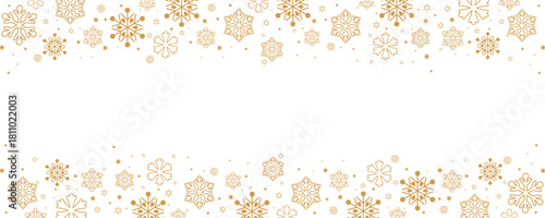 Horizontal Christmas and winter banner template featuring borders of scattered golden snowflakes and small stars on the top and bottom of a central white background.