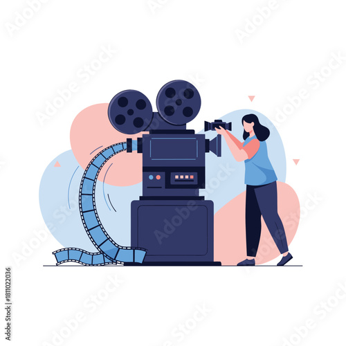 Female cinematographer operating a large vintage movie camera during a film production shoot in a professional studio.